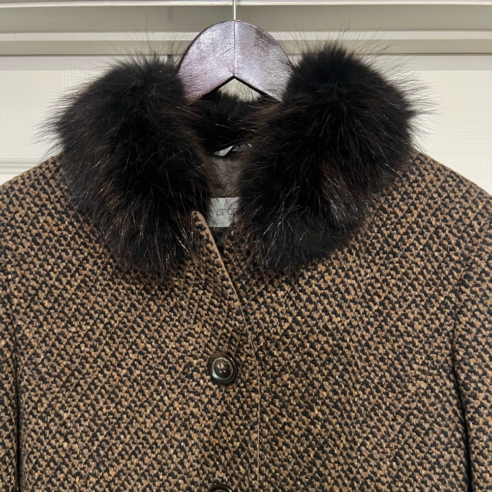 SPORTMAX MAXMARA LIKE NEW BROWN /BLACK FUR COLLAR VIRGIN WOOL PEA COAT SIZE 8